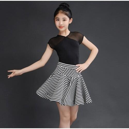 1set/lot children stripe latin dress bodysuit and skirt girl performance dancing costumes