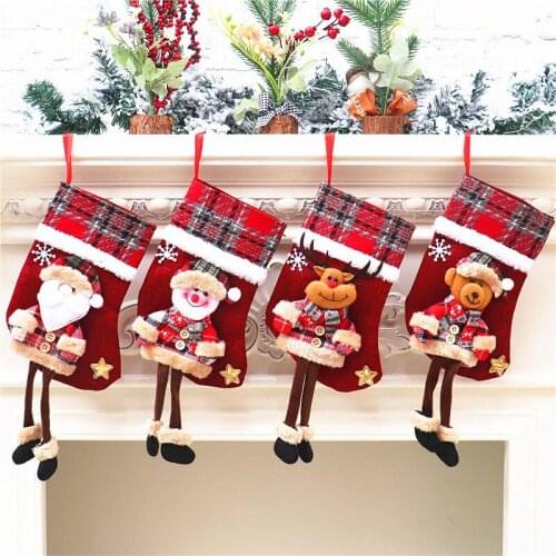 1pc Christmas Stockings Socks Kids New Year Navidad Santa Elk Bear Printing Xmas Candy Gift Bag Fireplace Xmas Tree Decorations