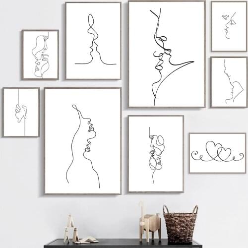 Abstract Couple Kiss Line Drawing Poster Love Black And White Canvas Print Minimalist Wall Art Painting Picture Lover Room Decor