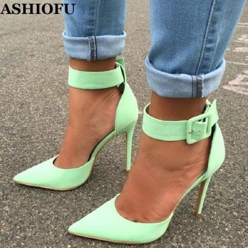 ASHIOFU Handmade Womens High Heel Pumps Buckle Strap Party Prom Dress Shoes Daily Wear Fashion Large Size Court Shoes 2 Colors
