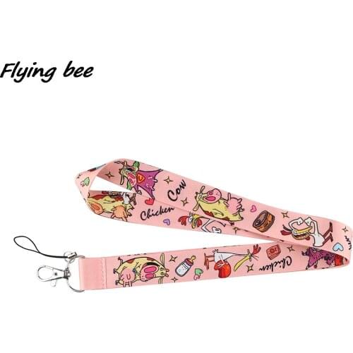 Flyingbee Pink Animal Cute Cow And Funny Chicken Lanyards ID Badge Holder Mobile Phone Straps Badge Key Holder Keychain X1122