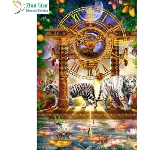 Zhui Star 5D DIY Full Square drill Diamond Painting Cross Stitch Two tigers & clocks embroidery Rhinestones Mosaic home decor