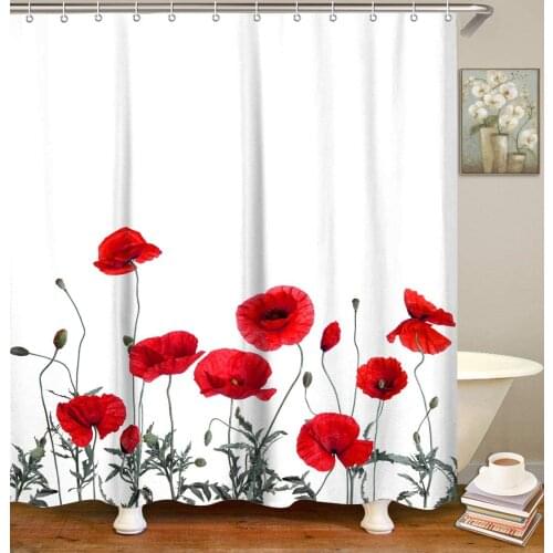 Floral Shower Curtain Red Flowers Fabric Bathroom Curtain Home Decoration Set with Hooks Decorative Machine Washable