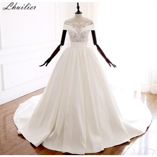 Lhuilier Elegant Satin A-line Scoop Neck Wedding Dresses 2020 Lace Appliques Pleated Chapel Train Corset Back Bridal Dress
