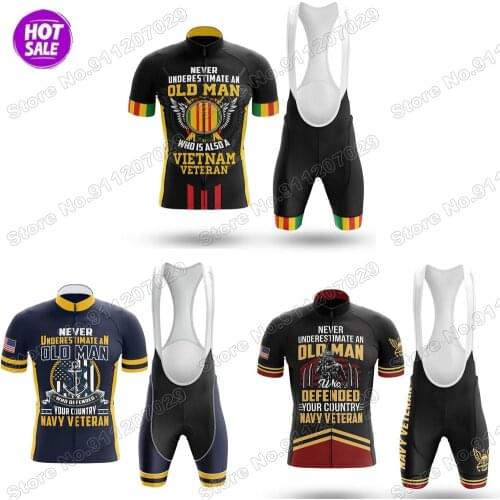 2021 Old Man Veteran - Mens Navy Cycling Jersey Set Summer Cycling Clothing Road Bike Suit Mountain Bicycle Shirt Bib Shorts MTB