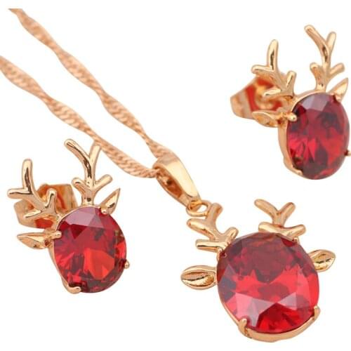 Red Garnet Gold Tone Fashion Jewelry sets Necklace Earrings Zirconia Austrian SWA Element Health Nickel & Lead free JS328A