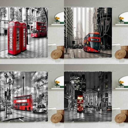 London Red Telephone Booth Car Shower Curtain Set Retro Black And White Urban Waterproof Screen Bathroom Bathtub Art Decoration