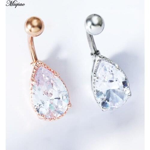 Miqiao 1pcs European and American Hot Style Stainless Steel Zircon Water Drop Belly Button Ring Exquisite Body Piercing Jewelry