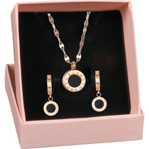Black Enamel Stainless Steel Necklace Earring Set Rose Gold Color Roman Numeral Wedding Jewelry Set For Women Gift Box