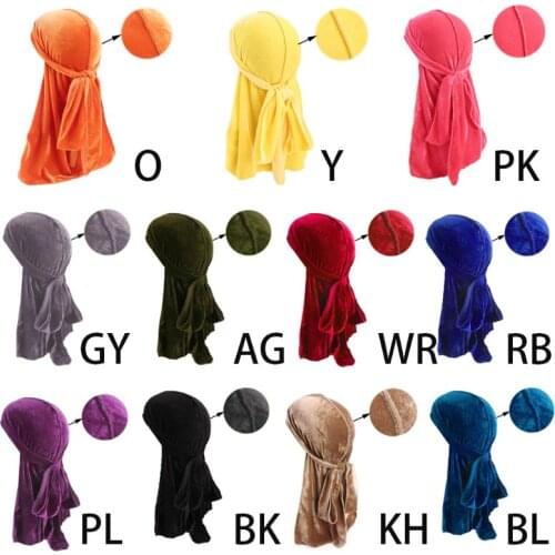 Men Women Unisex Winter Velvet Glitter Solid Color Turban Hat Extra Long Tail Wide Straps Bandana Pirate Headwrap Biker Hair