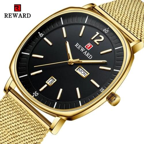 Men Watches Reward Top Luxury Brand Waterproof Business Watch Golden Square Dial Male Simple Quartz Wristwatch Relogio Masculino
