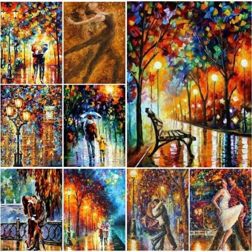 Full Diamond Embroidery Landscape Mosaic Picture of Rhinestones Gift DIY 5D Diamond Painting Rain City Night Street Cross Stitch