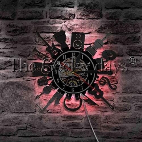 Rock N Roll Music Band Sign Musical Instrument Home Decor LED Hanging Lamp Guitar LED Wall Lamp Vinyl Record Wall Clock