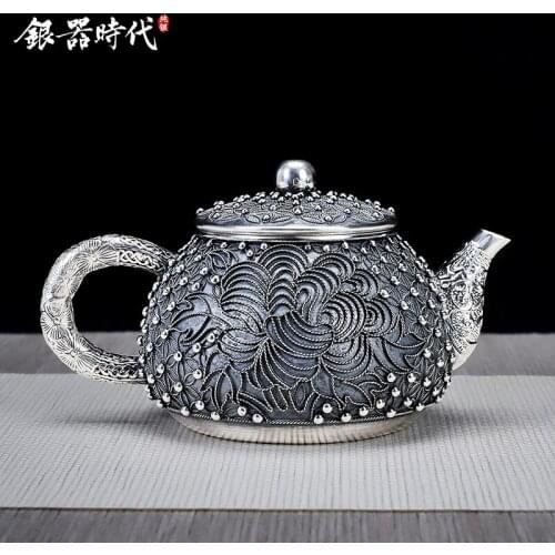 Silver age wire inlay handmade sterling silver 999 silver bead kettle single kung fu tea tea pot home silver pot