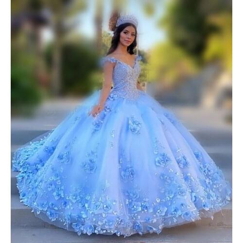 Light Sky Blue Quinceanera Dresses Off Shoulder 3D Rose Flowers Puffy Sweet 16 Wear Celebrity Party Gowns Graduation