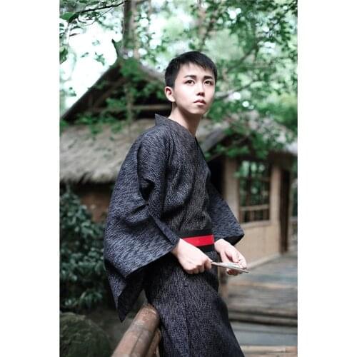 Traditional Japanese Samurai Clothing Man Black Kimono Obi Loose Leisure Yukata Pajamas Lounge Gown Male Sauna Bathrobe Cotton