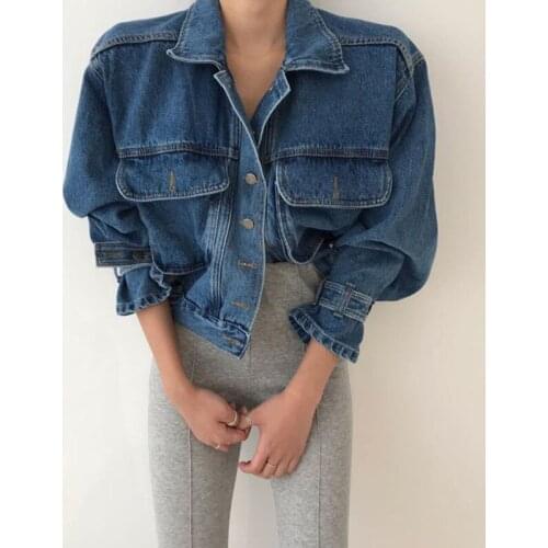High Waist Cropped Denim Jacket Vintage Big pocket Spring Autumn Korean Loose Single breasted Light blue Dark blue Jeans Jacket