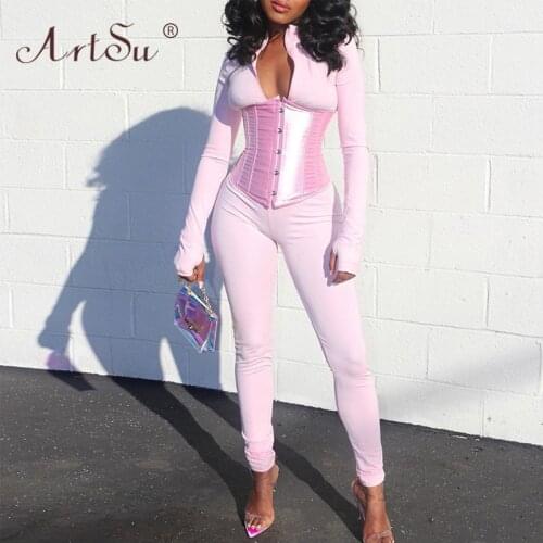 ArtSu Autumn Bodycon Stretch Womens 2 Piece Outfits Fashion Jumpsuits & Bandage Corset Workout Matching Set 2020 Streetwear
