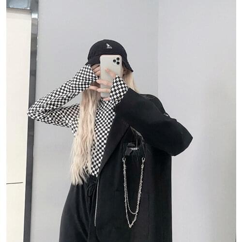 Black White plaid long-sleeved top womens 2020 spring and autumn woman tshirts harajuku Sexy Turtleneck Tops Korean Tshirt
