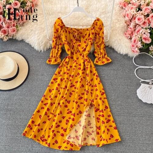 HangCode French Romantic Square Collar Floral Print Chiffon Dress 2021 Holiday Summer Women Dress Elegant Split Midi Party Dress