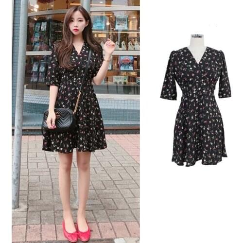 2020 summer fashion new slim high waist belt V-neck floral chiffon dress women half sleeve a-line printed dress