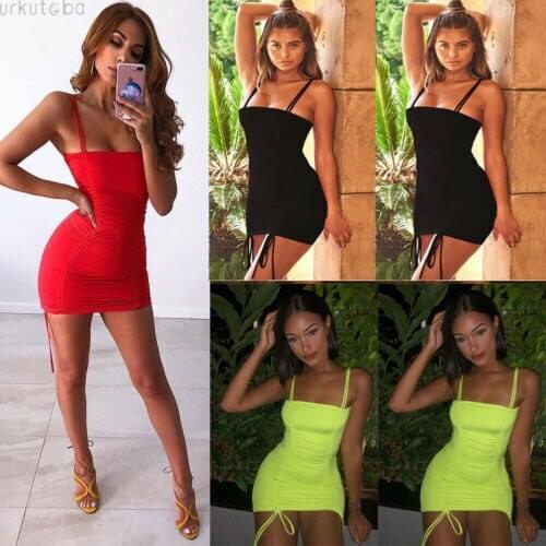 2019 Sexy Sleeveless Backless Spaghetti Strap Mini Summer Dress Off Shoulder Sexy Dress Women Bodycon Slash Neck Casual Dress