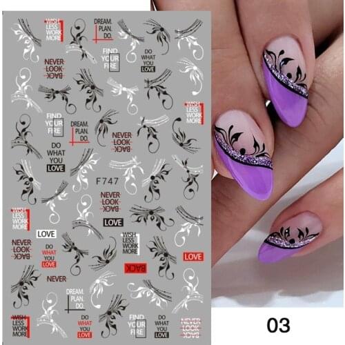 Spring Abtract Stripe Lines Flower Leaves 3D Nail Sticker Black White Butterfly Transfer Decals Slider DIY Nail Art Decoration