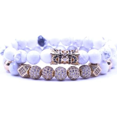 8mm 2PCS/Set gold jt3 elastic adjusted nature white Howlite bead micro pave cz zircon cubic zirconia tube Bracelet