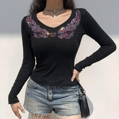 Love Wings Rhinestone T Shirts Women Long Sleeve Fairy Grunge Aesthetic Clothes V Neck Top Female Black Ribbed Knitted Tops