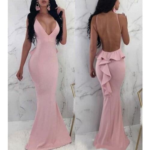 Pink Deep V-neck Long Evening Dresses Backless Stretch Satin Prom Dresses Formal Evening Dresses Gowns Robe