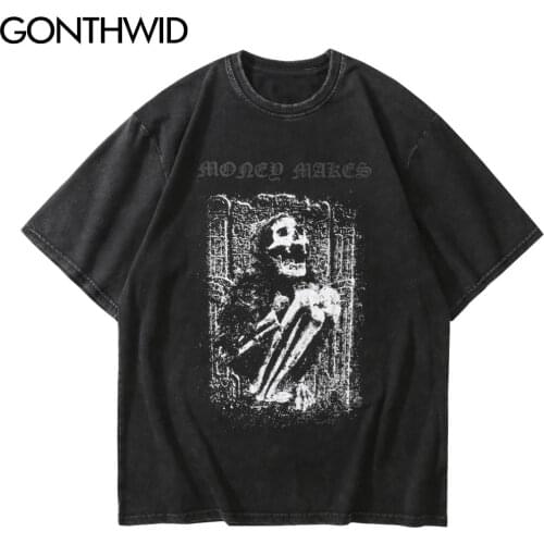 GONTHWID Streetwear Distressed T-Shirts Hip Hop Skeleton Skull Short Sleeve Tshirts Punk Rock Gothic Tees Shirts Harajuku Tops