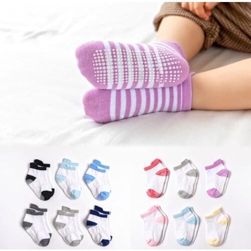 6 Pairs/lot 0 to 5 Yrs Cotton Childrens Anti-slip Boat Socks For Boys Girl Low Cut Floor Kid Sock With Rubber Grips Four Season