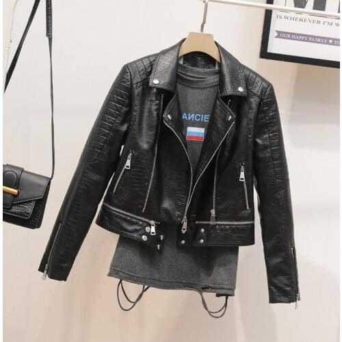 Faux Leather Jacket Women Detachable Hem 2021 Sping AutumnNew Short Locomotive Crocodile Skin Texture Biker Coat