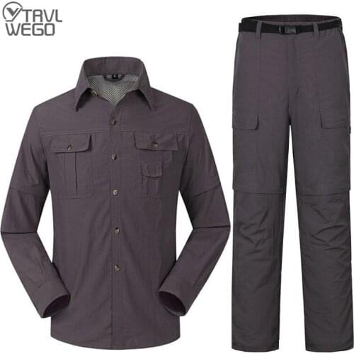 TRVLWEGO Summer Mens Outdoor Quick Dry Trekking Shirt + Pants Suit Removable Hiking Camping Fishing Clothes Asian Size