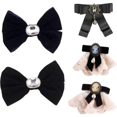 Korean A Lot Vintage Black Fabric Set Bow Brooches for Girl Women Fashion Lace Cloth Shirt Corsage Neck Tie Party Accessories