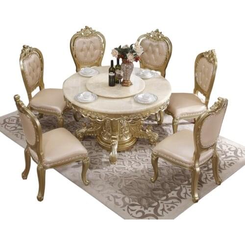 European round table solid wood villa luxury dining table champagne gold high-grade rotating belt turntable