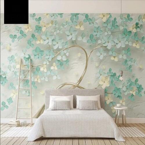 Small fresh living room sofa TV background wall mural bedroom modern mint green flower three dimensional relief simple wallpaper