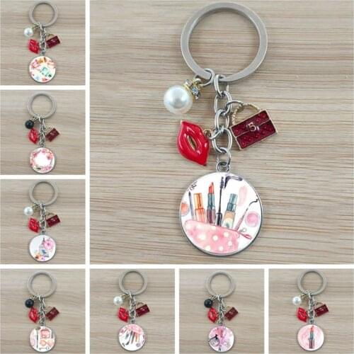Fashion exquisite glass keychain lipstick dressing table accessories creative small gifts ladies bags keychain accessories