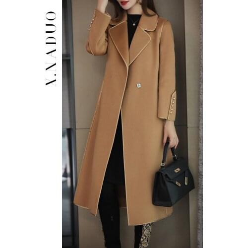 2021 new camel wool coat high-end Australian zero cashmere double-sided coat womens medium and long slim fit