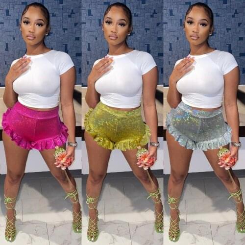 New Ruffles Shorts High Waist Booty Women 2021 Sexy V-shaped Y2K Laser Glass Floral Mini Shorts Bodycon Streetwear Outfits