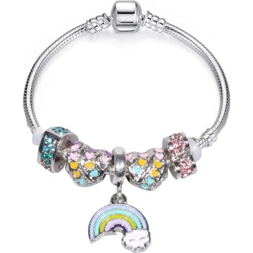 Popular European Bracelets Girls DIY Rainbow Bracelet Vintage Silver Plated Crystal Charm Bracelet Gift 16-22cm