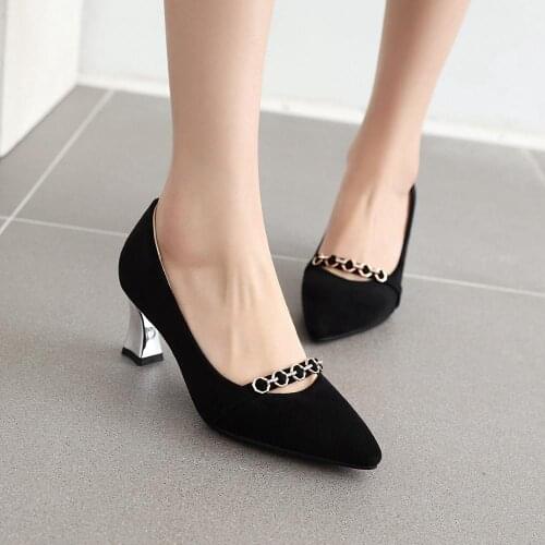 Latest shoes for women black shoe pumps high heels 2020 new suede pointed toe slip on thick heel office shoes big size 31-48