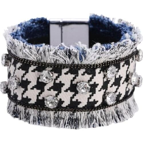 Retro Wide Jean Fabric Bracelets Hand Made Crystal Wristband Bracelets & Bangle Jewelry