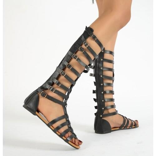 Summer Retro Gladiator Bandage Sandals Woman Knee High Flat Sandalia Feminina Women Roma Shoes Ladies Hollow Cross Strap Shoes