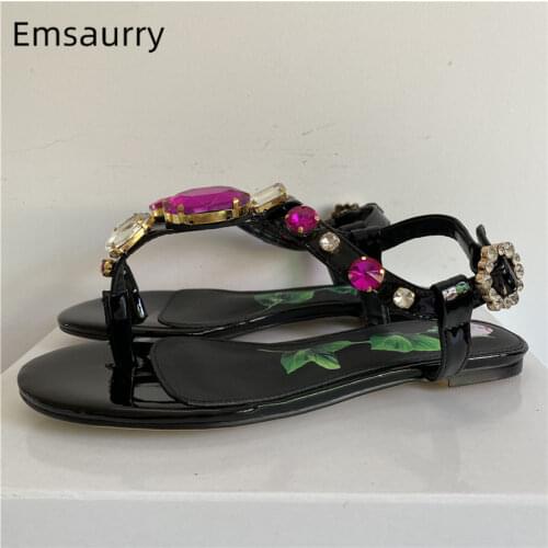 Printed Flower Flat Beach Shoes Woman Split Toe Ankle Strap Crystal Rhinestone Real Leather Diamond Summer Sandals Woman