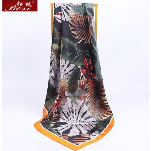 Silk Satin Scarf Women Leaves print big Square Shawl hijab Bohemia Fashion Spring Scarves Elegant 90*90cm foulard free shipping