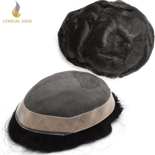Fine Mono Mens Toupee Black Human Hair Piece Poly Skin NPU Around Hair Replacement Durable Systems for Men Medium Heavy Density