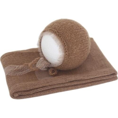 Vintage Brown Newborn Bonnet and Wrap Set Jersey Stretch Knit Wrap Baby Girl Photography Outfit Knitted Newborn Hat Photo Prop