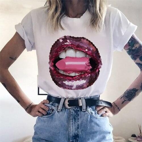 Ladies Tshirt New lips print White Short Sleeve t shirt Harajuku Hipster T shirt Summer tee shirt femme