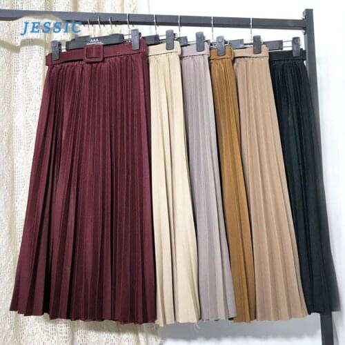 JESSIC Waist Women Skirt Casual Vintage Solid Belted Pleated Midi Skirts Fashion Lady 11 Colors High Street Sashes Mid-calf